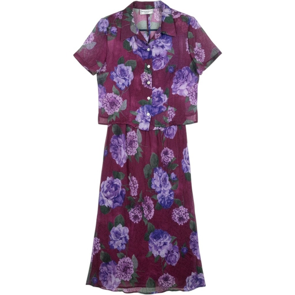 Karin Stevens Petites 2 Piece Floral Dress Cardigan Set Burgundy Purple 12P
